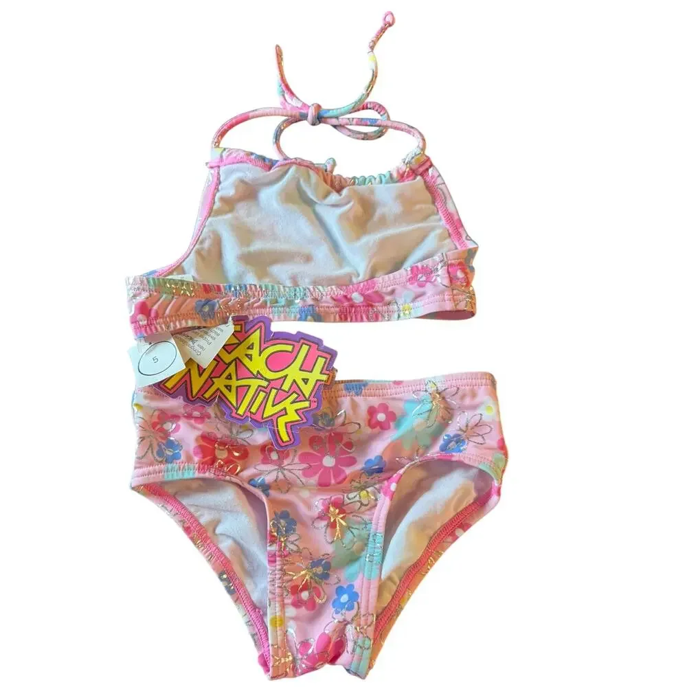 Beach Native Girls Pink Silver Floral Print Bikini Size 5